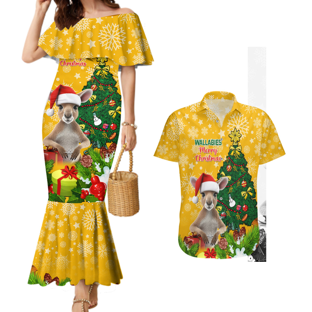 personalised-wallabies-rugby-christmas-couples-matching-mermaid-dress-and-hawaiian-shirt-merry-xmas-with-australian-kangaroo