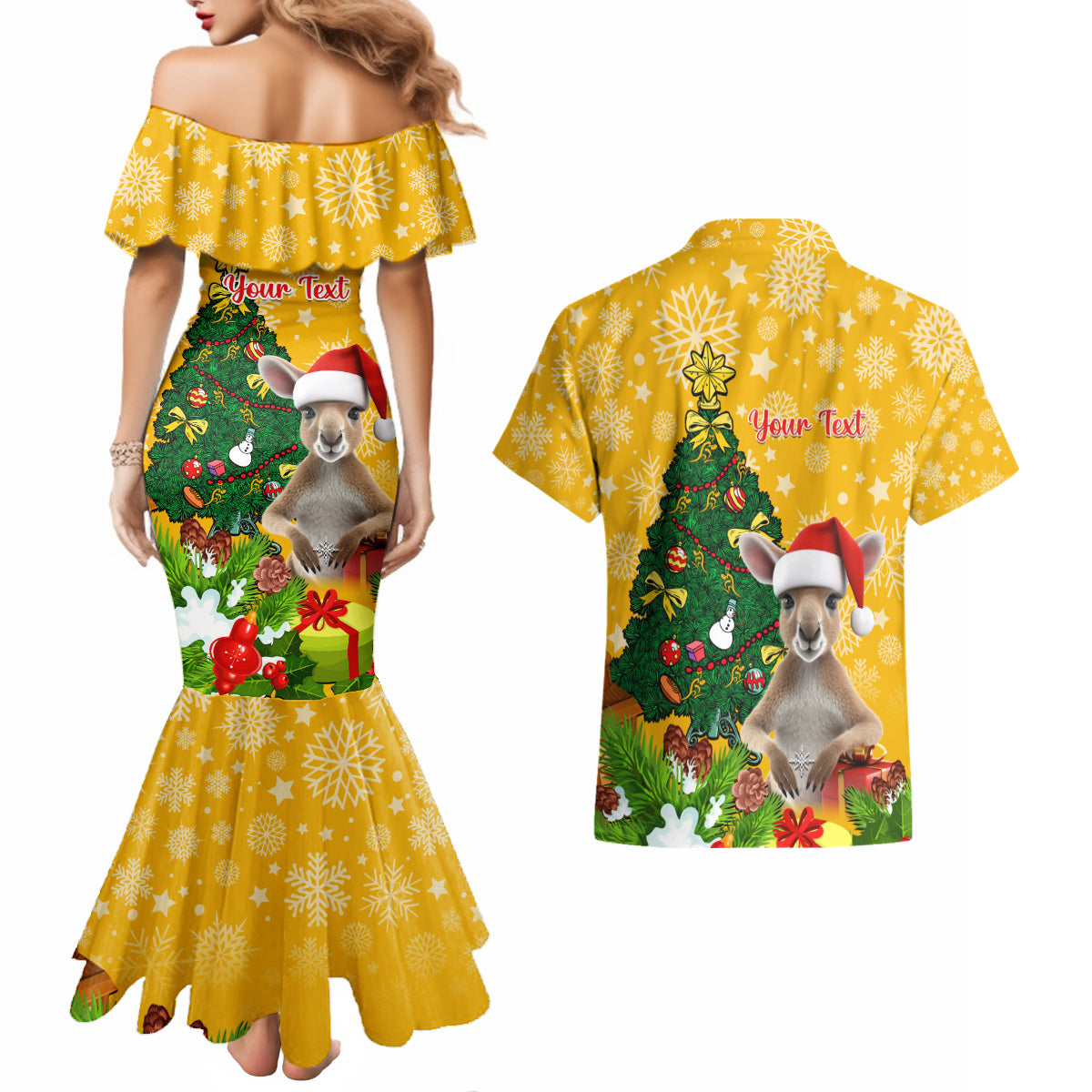 personalised-wallabies-rugby-christmas-couples-matching-mermaid-dress-and-hawaiian-shirt-merry-xmas-with-australian-kangaroo
