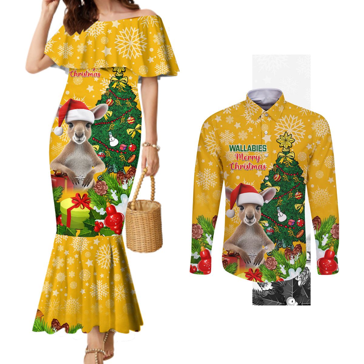 personalised-wallabies-rugby-christmas-couples-matching-mermaid-dress-and-long-sleeve-button-shirts-merry-xmas-with-australian-kangaroo