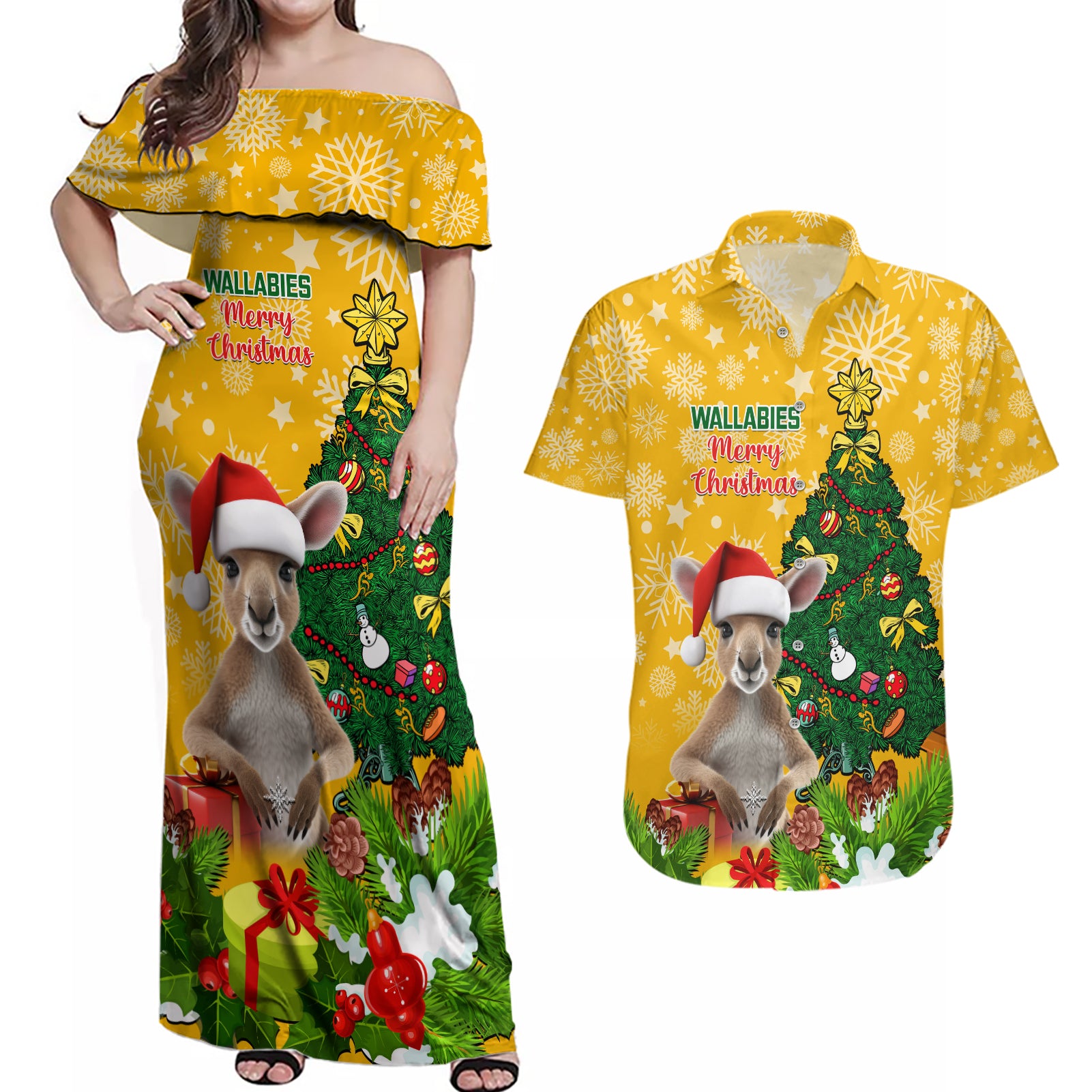 personalised-wallabies-rugby-christmas-couples-matching-off-shoulder-maxi-dress-and-hawaiian-shirt-merry-xmas-with-australian-kangaroo