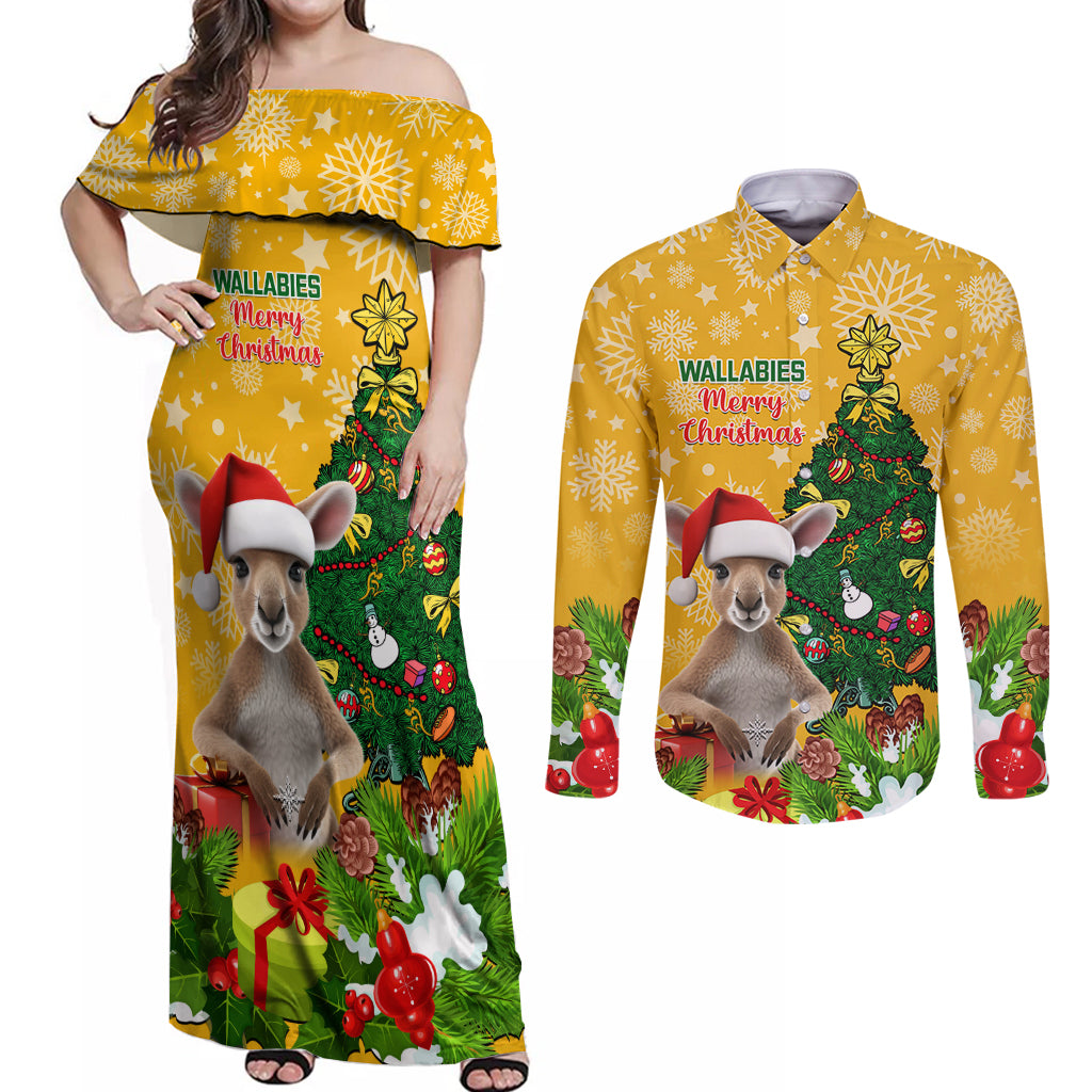 personalised-wallabies-rugby-christmas-couples-matching-off-shoulder-maxi-dress-and-long-sleeve-button-shirts-merry-xmas-with-australian-kangaroo