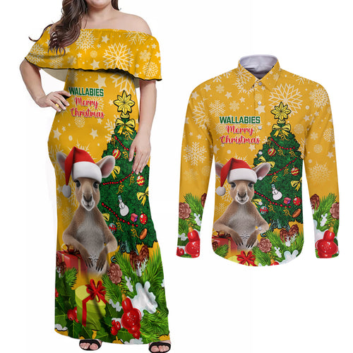 personalised-wallabies-rugby-christmas-couples-matching-off-shoulder-maxi-dress-and-long-sleeve-button-shirts-merry-xmas-with-australian-kangaroo