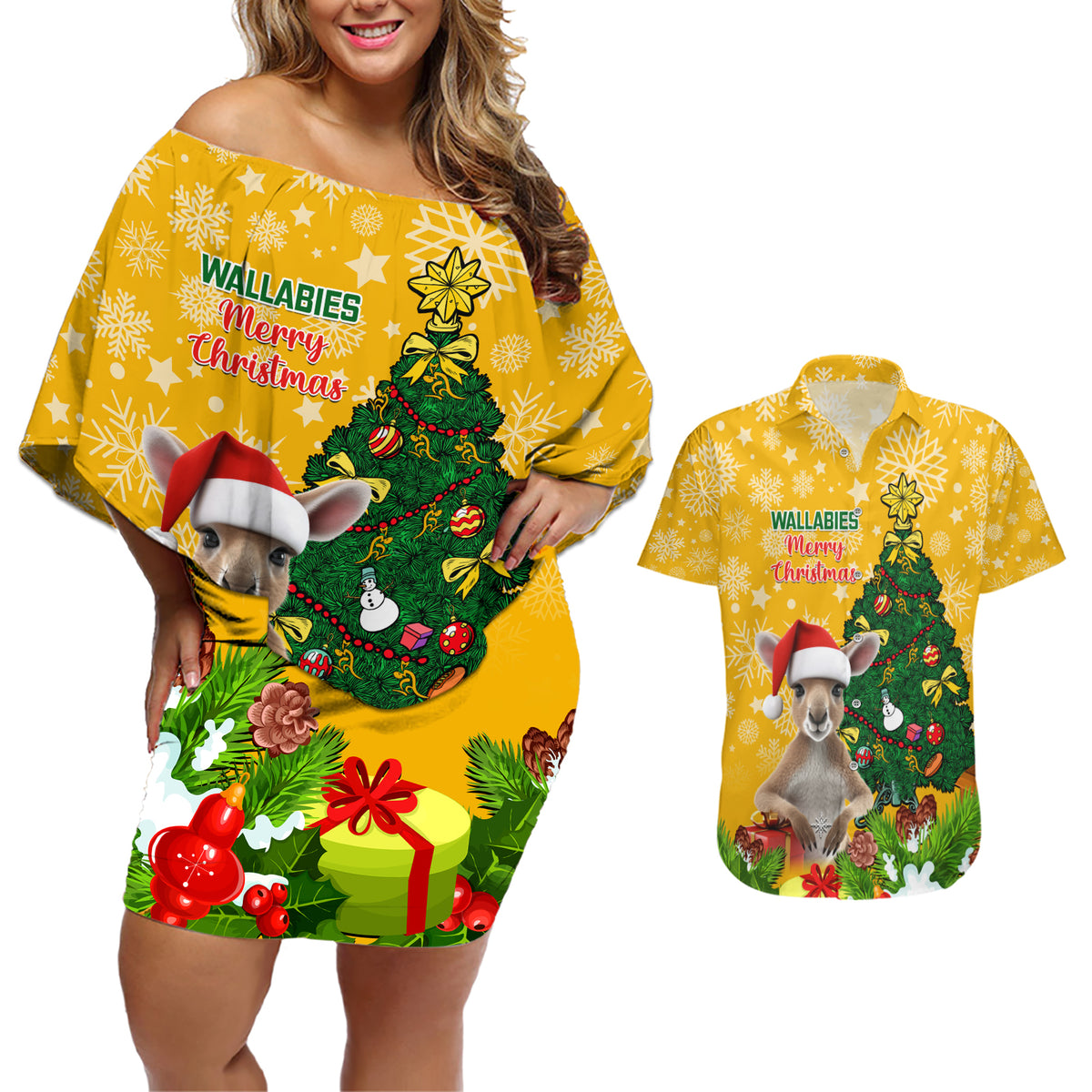 personalised-wallabies-rugby-christmas-couples-matching-off-shoulder-short-dress-and-hawaiian-shirt-merry-xmas-with-australian-kangaroo