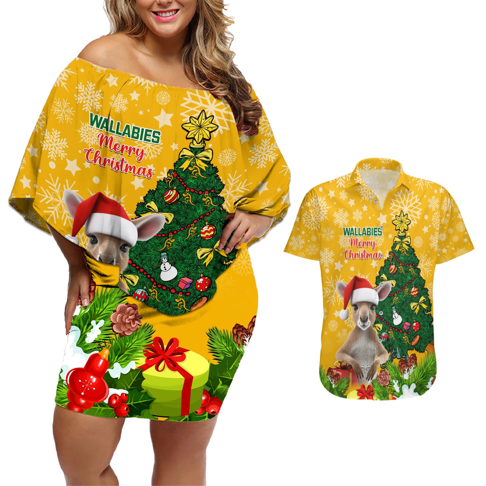 personalised-wallabies-rugby-christmas-couples-matching-off-shoulder-short-dress-and-hawaiian-shirt-merry-xmas-with-australian-kangaroo