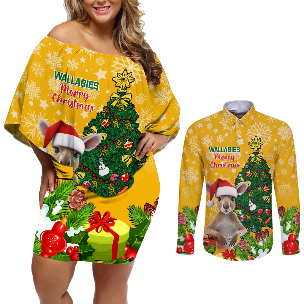 personalised-wallabies-rugby-christmas-couples-matching-off-shoulder-short-dress-and-long-sleeve-button-shirts-merry-xmas-with-australian-kangaroo