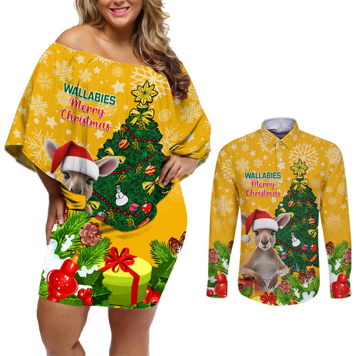 personalised-wallabies-rugby-christmas-couples-matching-off-shoulder-short-dress-and-long-sleeve-button-shirts-merry-xmas-with-australian-kangaroo