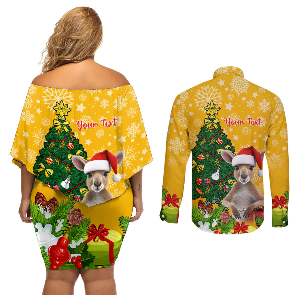 personalised-wallabies-rugby-christmas-couples-matching-off-shoulder-short-dress-and-long-sleeve-button-shirts-merry-xmas-with-australian-kangaroo