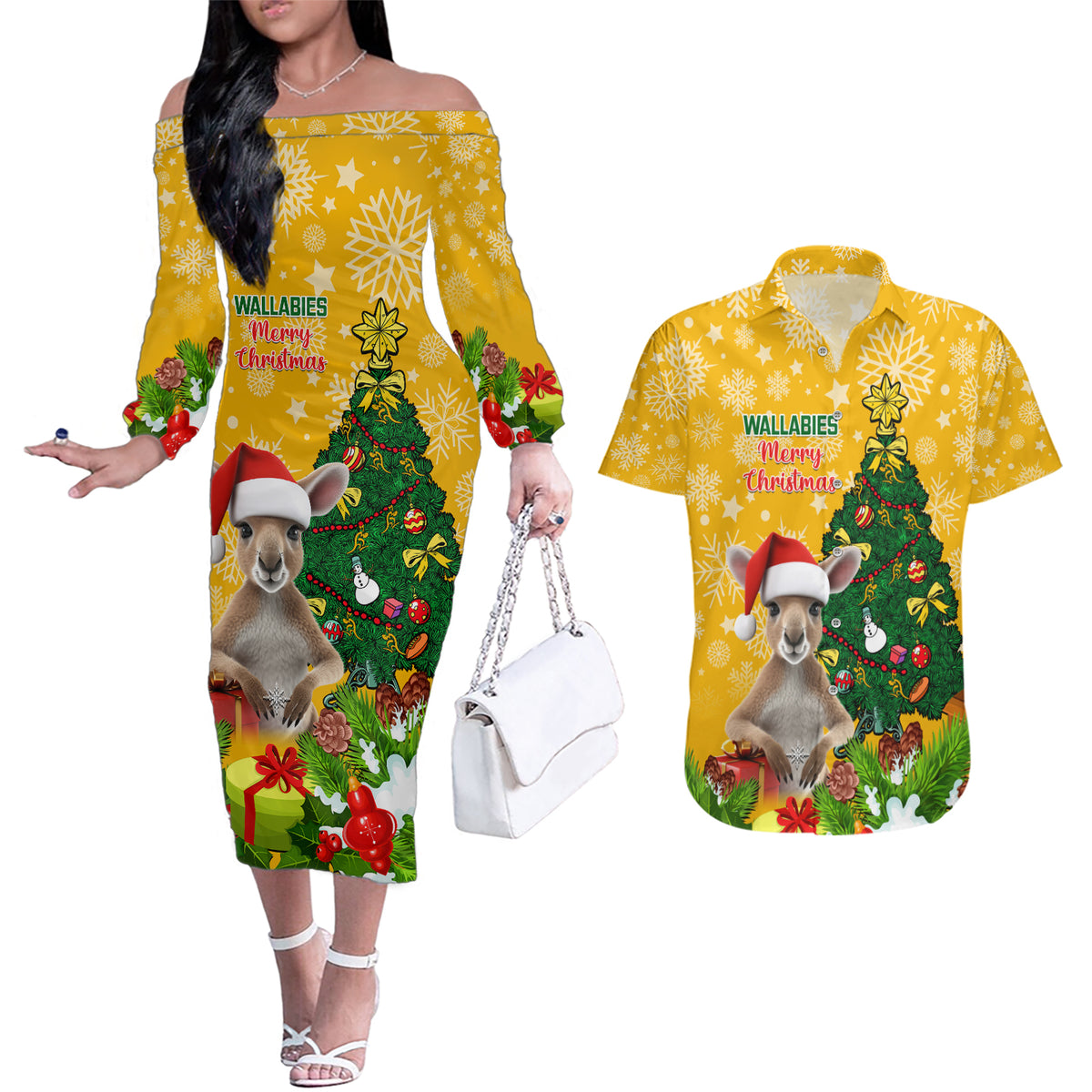 personalised-wallabies-rugby-christmas-couples-matching-off-the-shoulder-long-sleeve-dress-and-hawaiian-shirt-merry-xmas-with-australian-kangaroo