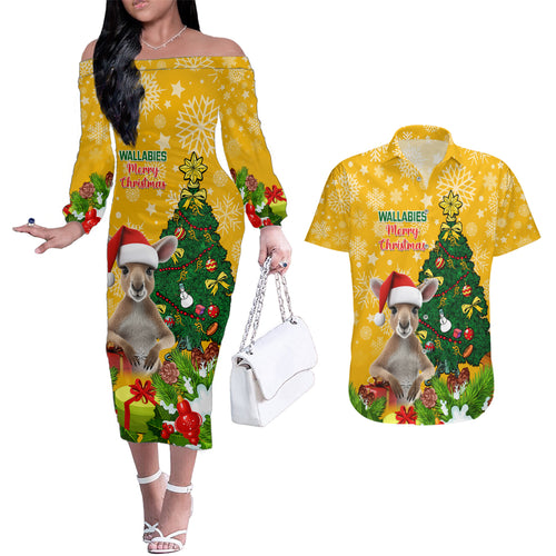 personalised-wallabies-rugby-christmas-couples-matching-off-the-shoulder-long-sleeve-dress-and-hawaiian-shirt-merry-xmas-with-australian-kangaroo