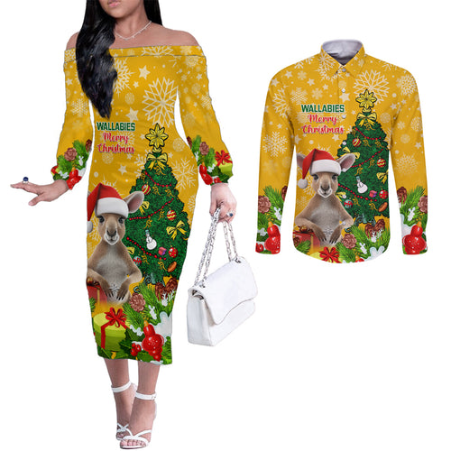 personalised-wallabies-rugby-christmas-couples-matching-off-the-shoulder-long-sleeve-dress-and-long-sleeve-button-shirts-merry-xmas-with-australian-kangaroo