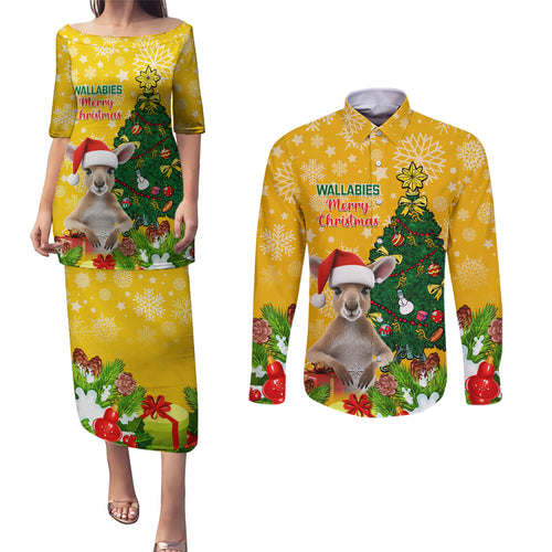 personalised-wallabies-rugby-christmas-couples-matching-puletasi-dress-and-long-sleeve-button-shirts-merry-xmas-with-australian-kangaroo