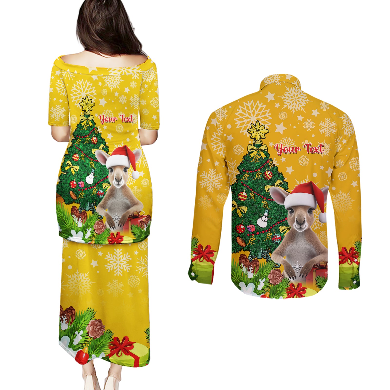 personalised-wallabies-rugby-christmas-couples-matching-puletasi-dress-and-long-sleeve-button-shirts-merry-xmas-with-australian-kangaroo