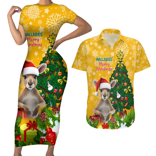 personalised-wallabies-rugby-christmas-couples-matching-short-sleeve-bodycon-dress-and-hawaiian-shirt-merry-xmas-with-australian-kangaroo