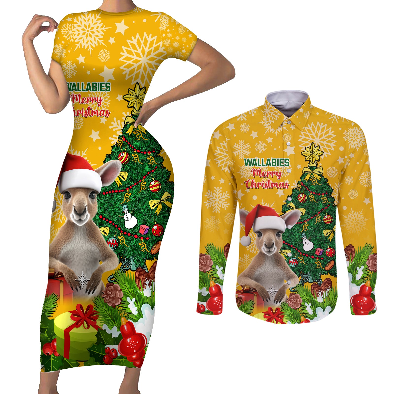 personalised-wallabies-rugby-christmas-couples-matching-short-sleeve-bodycon-dress-and-long-sleeve-button-shirts-merry-xmas-with-australian-kangaroo