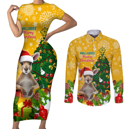 personalised-wallabies-rugby-christmas-couples-matching-short-sleeve-bodycon-dress-and-long-sleeve-button-shirts-merry-xmas-with-australian-kangaroo
