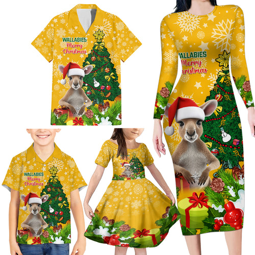 personalised-wallabies-rugby-christmas-family-matching-long-sleeve-bodycon-dress-and-hawaiian-shirt-merry-xmas-with-australian-kangaroo