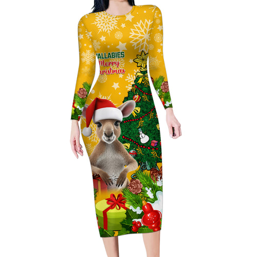 personalised-wallabies-rugby-christmas-family-matching-long-sleeve-bodycon-dress-and-hawaiian-shirt-merry-xmas-with-australian-kangaroo