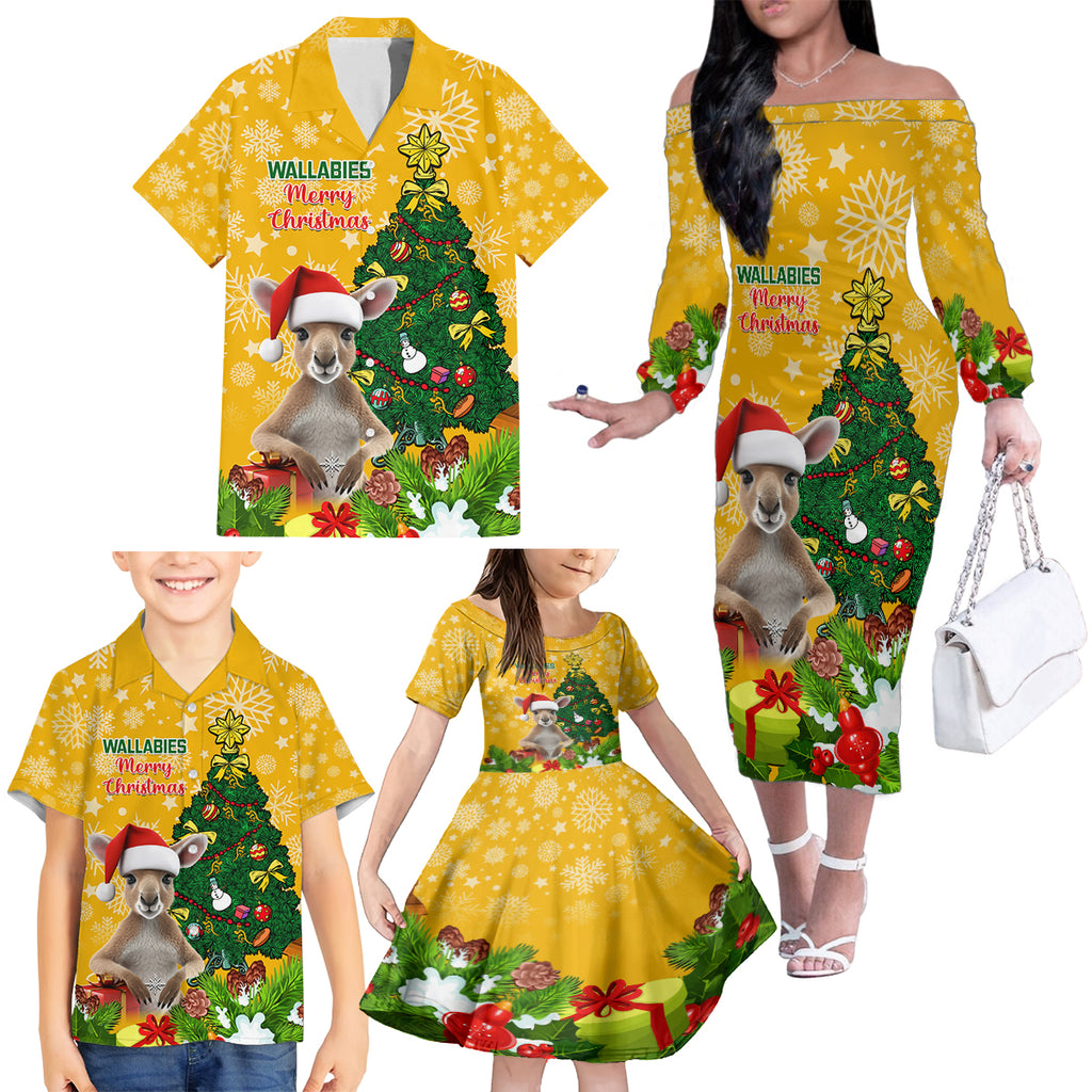 personalised-wallabies-rugby-christmas-family-matching-off-shoulder-long-sleeve-dress-and-hawaiian-shirt-merry-xmas-with-australian-kangaroo