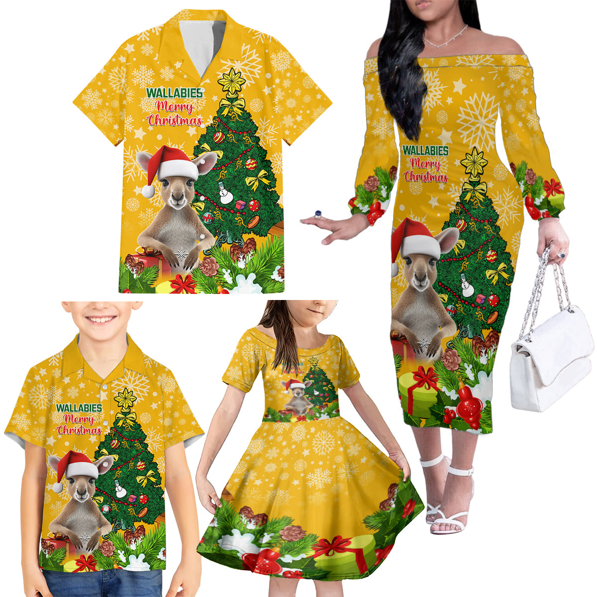 personalised-wallabies-rugby-christmas-family-matching-off-shoulder-long-sleeve-dress-and-hawaiian-shirt-merry-xmas-with-australian-kangaroo