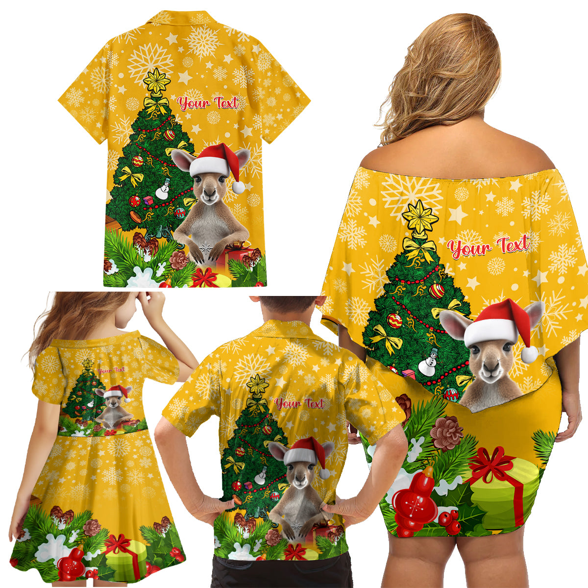 personalised-wallabies-rugby-christmas-family-matching-off-shoulder-short-dress-and-hawaiian-shirt-merry-xmas-with-australian-kangaroo