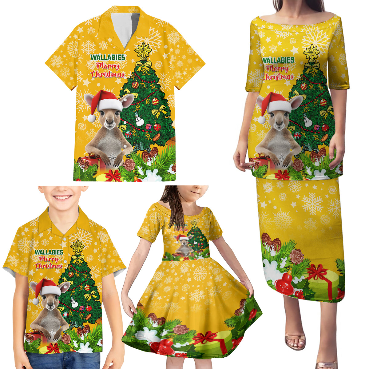 personalised-wallabies-rugby-christmas-family-matching-puletasi-dress-and-hawaiian-shirt-merry-xmas-with-australian-kangaroo