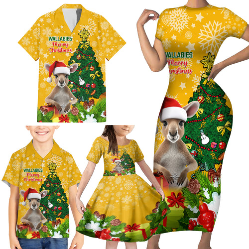 personalised-wallabies-rugby-christmas-family-matching-short-sleeve-bodycon-dress-and-hawaiian-shirt-merry-xmas-with-australian-kangaroo