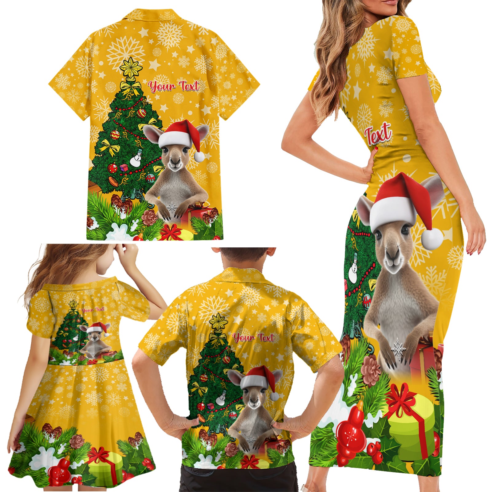 personalised-wallabies-rugby-christmas-family-matching-short-sleeve-bodycon-dress-and-hawaiian-shirt-merry-xmas-with-australian-kangaroo