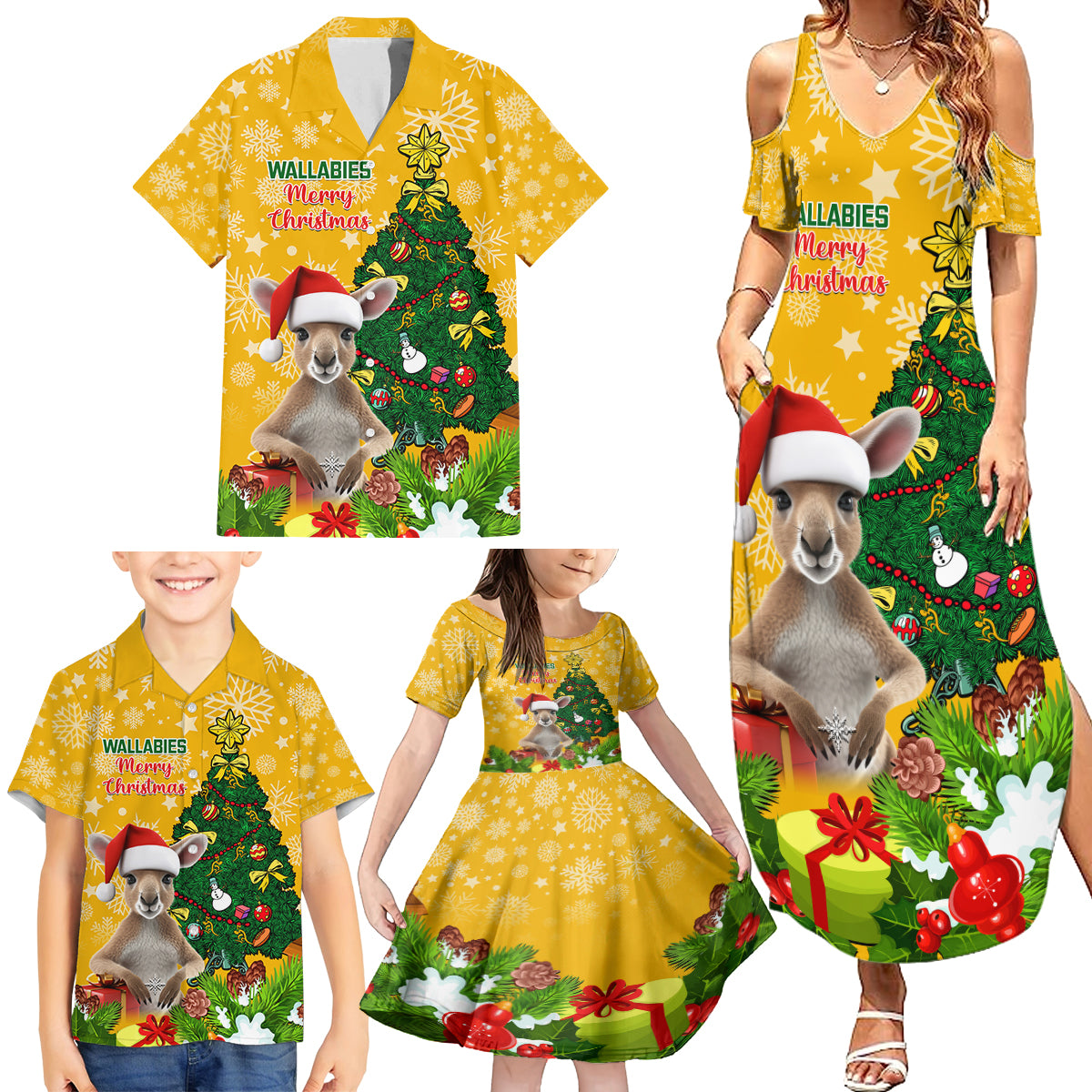 personalised-wallabies-rugby-christmas-family-matching-summer-maxi-dress-and-hawaiian-shirt-merry-xmas-with-australian-kangaroo