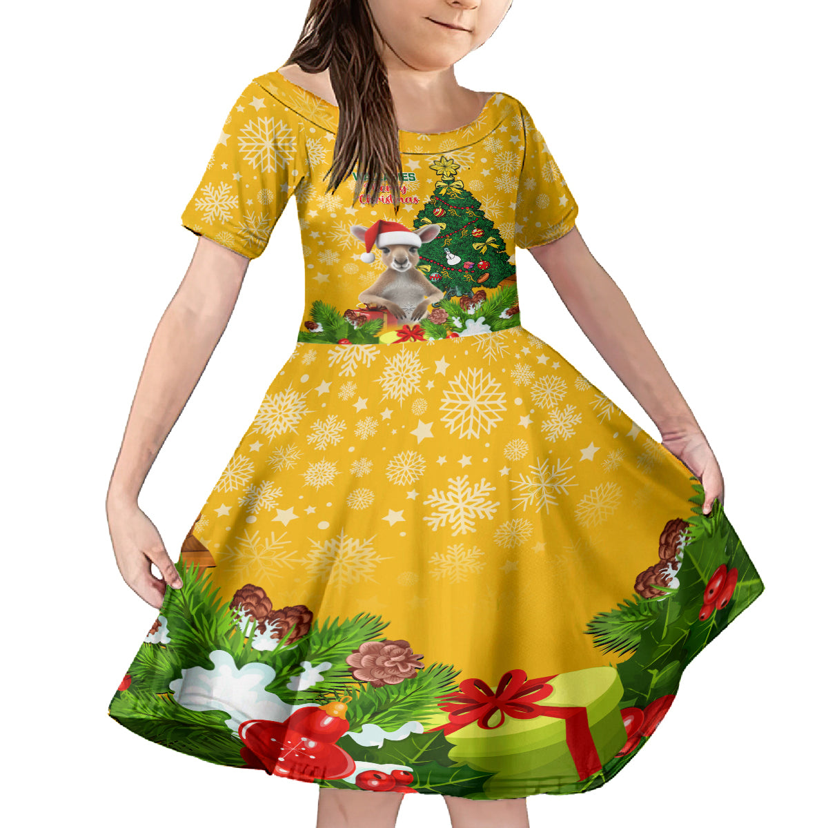 personalised-wallabies-rugby-christmas-kid-short-sleeve-dress-merry-xmas-with-australian-kangaroo