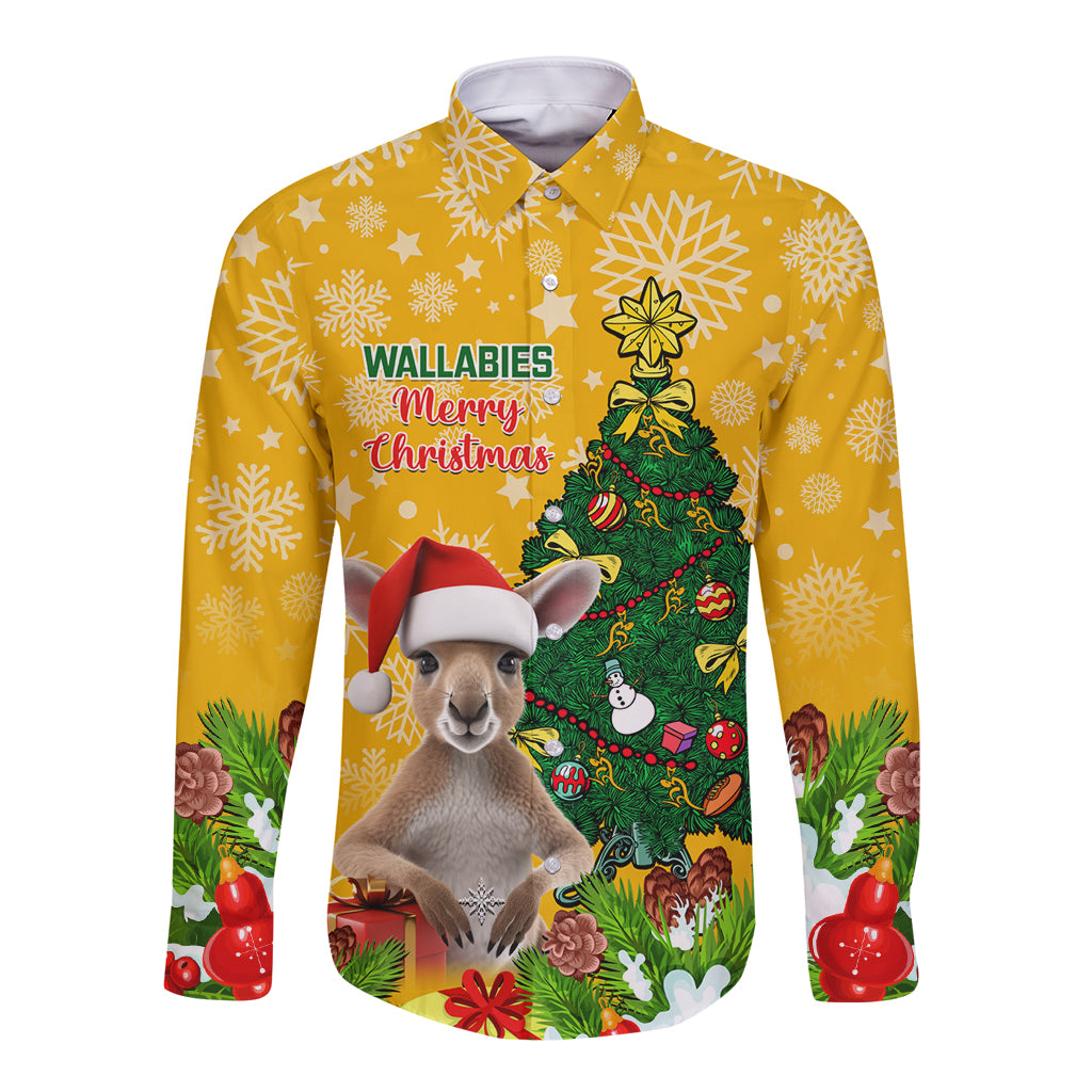 personalised-wallabies-rugby-christmas-long-sleeve-button-shirt-merry-xmas-with-australian-kangaroo