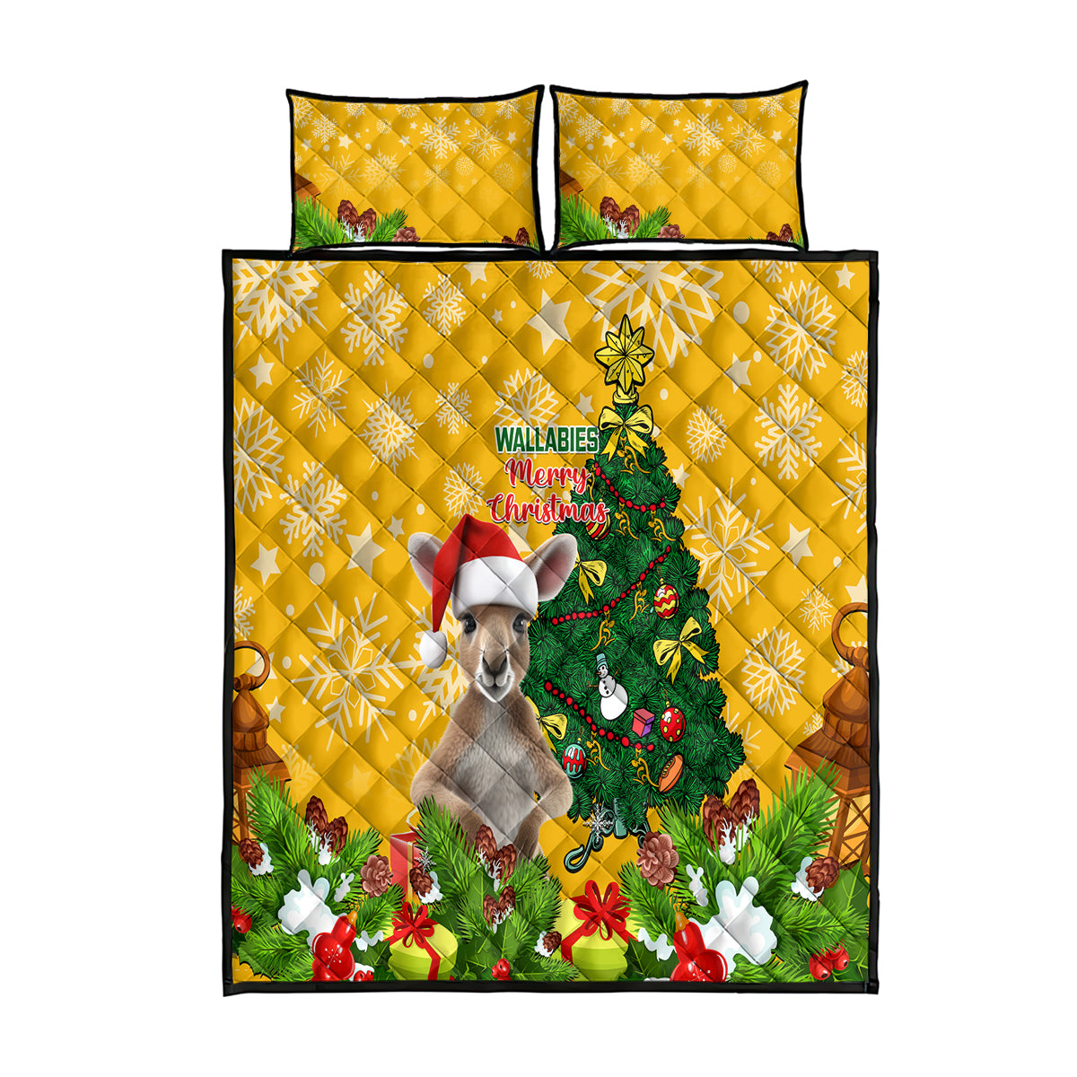 personalised-wallabies-rugby-christmas-quilt-bed-set-merry-xmas-with-australian-kangaroo