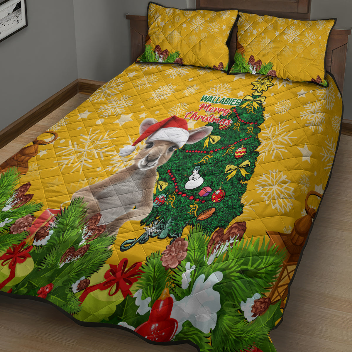 personalised-wallabies-rugby-christmas-quilt-bed-set-merry-xmas-with-australian-kangaroo