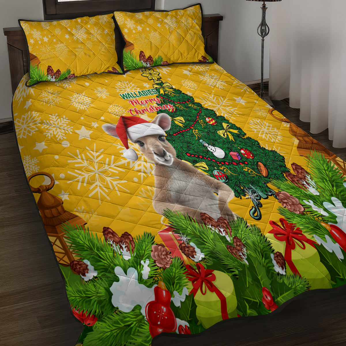 personalised-wallabies-rugby-christmas-quilt-bed-set-merry-xmas-with-australian-kangaroo