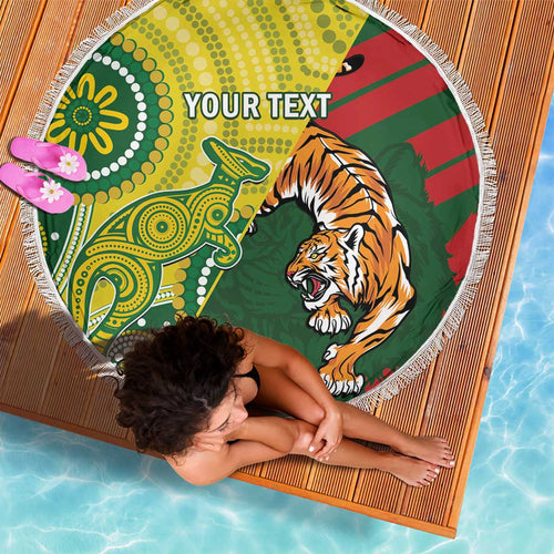 Custom Bangladesh And Australia Cricket Beach Blanket Kangaroo Tiger Together