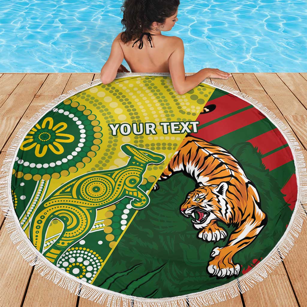 Custom Bangladesh And Australia Cricket Beach Blanket Kangaroo Tiger Together