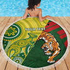 Custom Bangladesh And Australia Cricket Beach Blanket Kangaroo Tiger Together