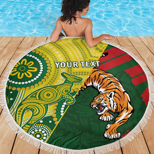 Custom Bangladesh And Australia Cricket Beach Blanket Kangaroo Tiger Together