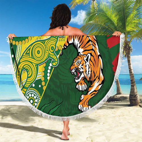 Custom Bangladesh And Australia Cricket Beach Blanket Kangaroo Tiger Together