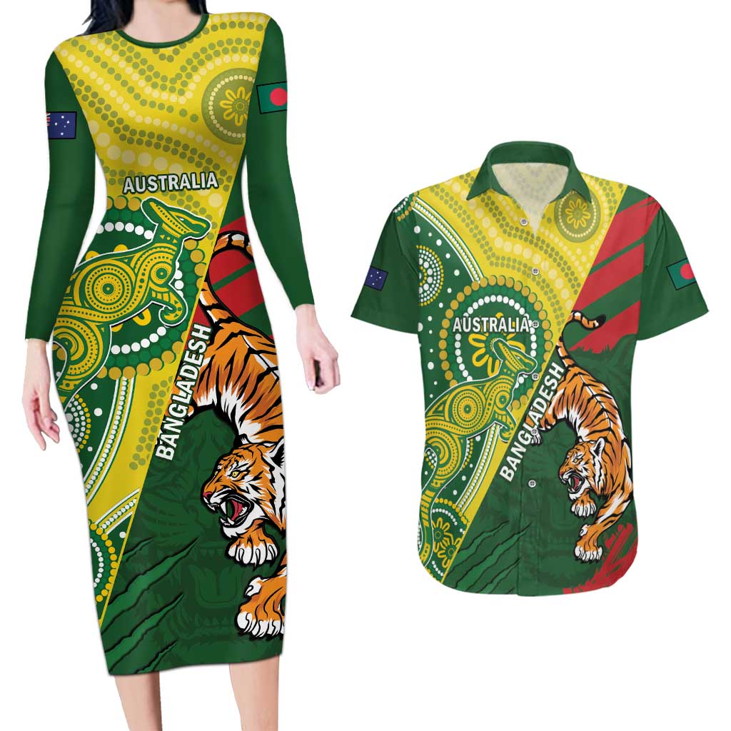 Custom Bangladesh And Australia Cricket Couples Matching Long Sleeve Bodycon Dress and Hawaiian Shirt Kangaroo Tiger Together
