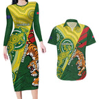 Custom Bangladesh And Australia Cricket Couples Matching Long Sleeve Bodycon Dress and Hawaiian Shirt Kangaroo Tiger Together