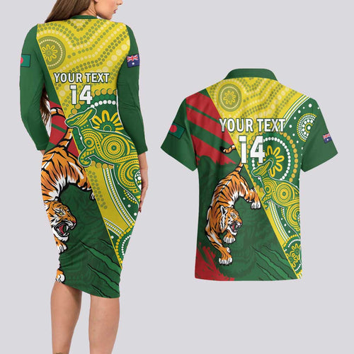 Custom Bangladesh And Australia Cricket Couples Matching Long Sleeve Bodycon Dress and Hawaiian Shirt Kangaroo Tiger Together