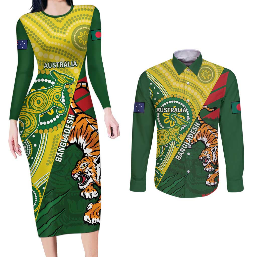 Custom Bangladesh And Australia Cricket Couples Matching Long Sleeve Bodycon Dress and Long Sleeve Button Shirt Kangaroo Tiger Together