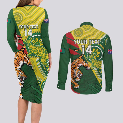 Custom Bangladesh And Australia Cricket Couples Matching Long Sleeve Bodycon Dress and Long Sleeve Button Shirt Kangaroo Tiger Together