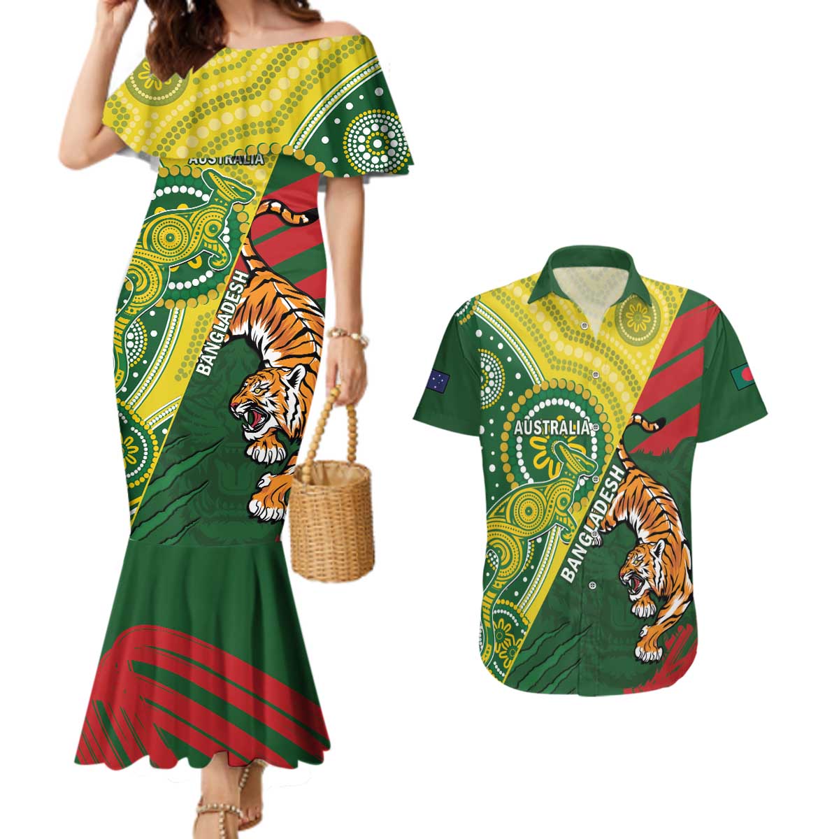 Custom Bangladesh And Australia Cricket Couples Matching Mermaid Dress and Hawaiian Shirt Kangaroo Tiger Together