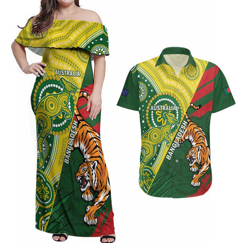 Custom Bangladesh And Australia Cricket Couples Matching Off Shoulder Maxi Dress and Hawaiian Shirt Kangaroo Tiger Together