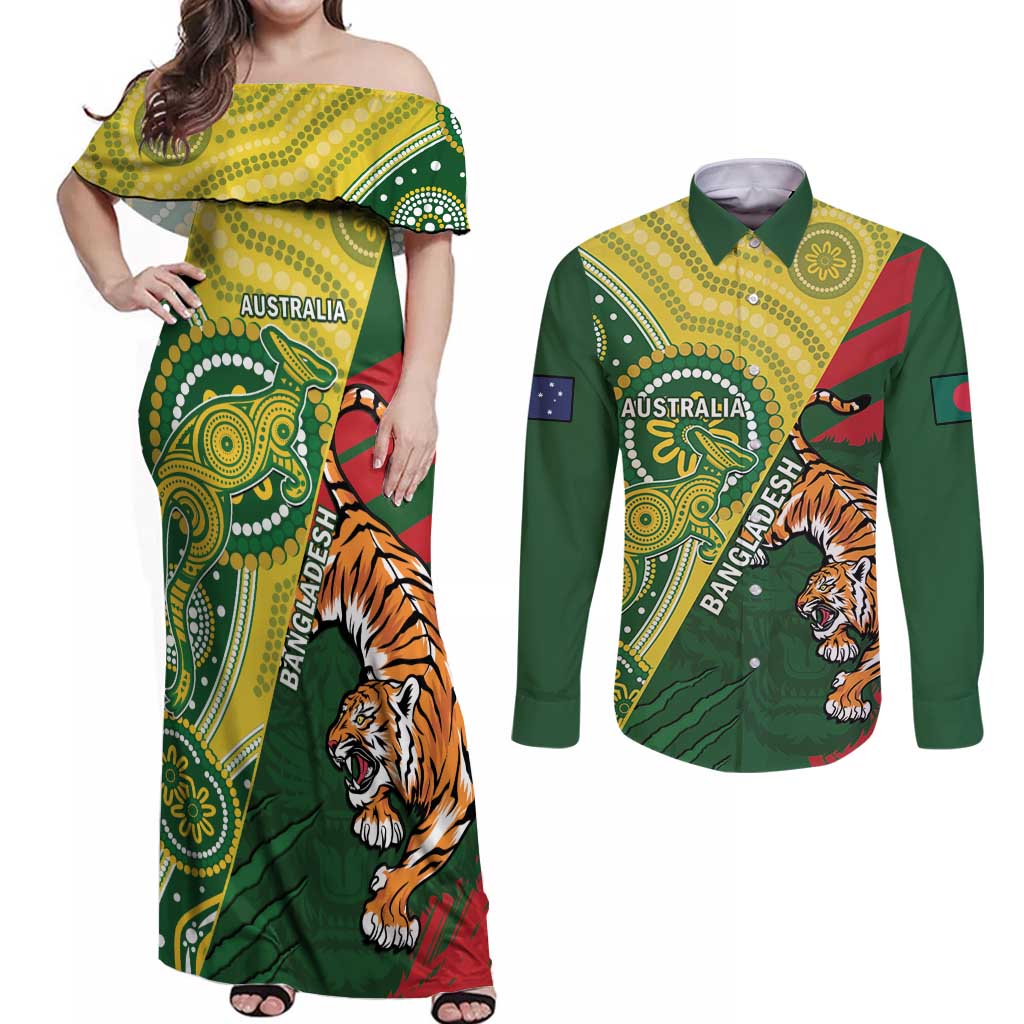 Custom Bangladesh And Australia Cricket Couples Matching Off Shoulder Maxi Dress and Long Sleeve Button Shirt Kangaroo Tiger Together