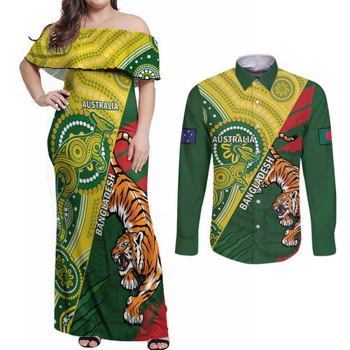 Custom Bangladesh And Australia Cricket Couples Matching Off Shoulder Maxi Dress and Long Sleeve Button Shirt Kangaroo Tiger Together