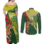 Custom Bangladesh And Australia Cricket Couples Matching Off Shoulder Maxi Dress and Long Sleeve Button Shirt Kangaroo Tiger Together