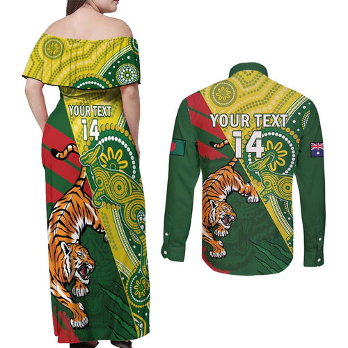 Custom Bangladesh And Australia Cricket Couples Matching Off Shoulder Maxi Dress and Long Sleeve Button Shirt Kangaroo Tiger Together