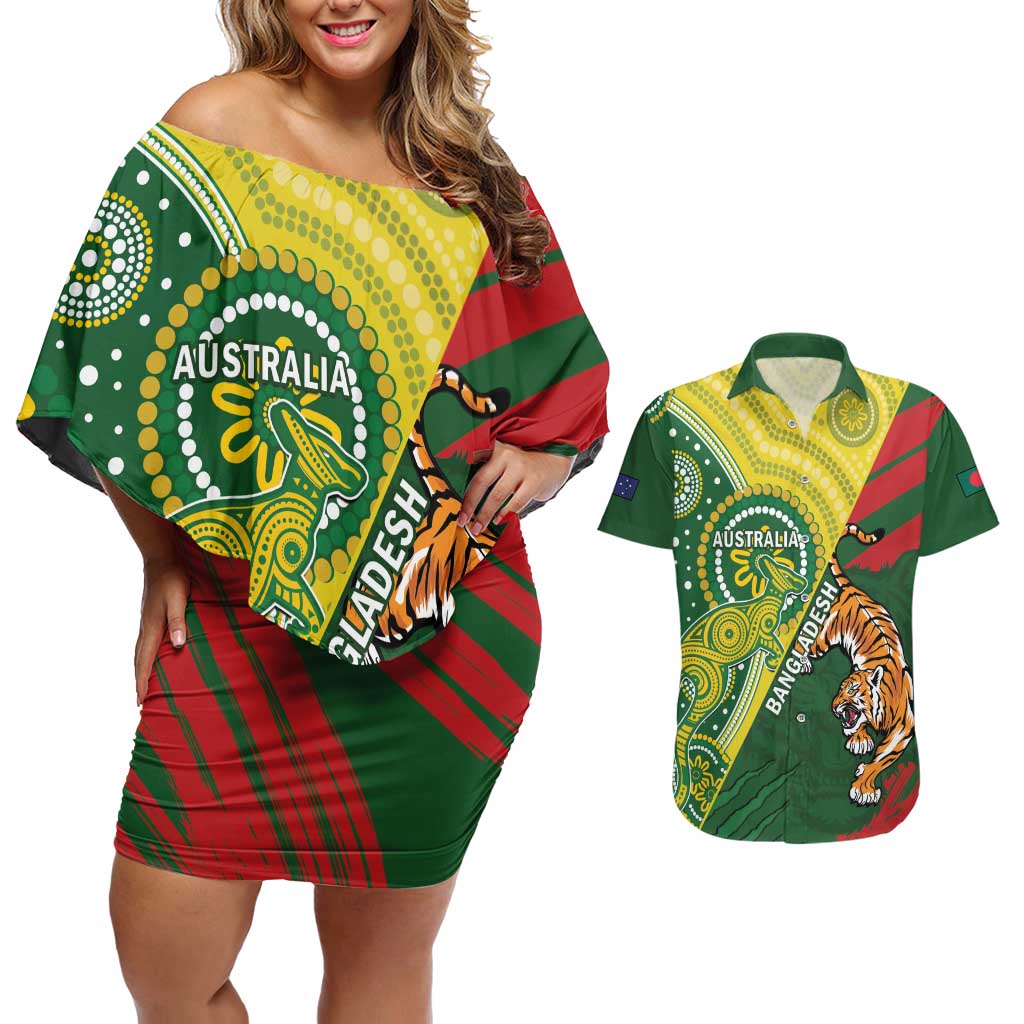 Custom Bangladesh And Australia Cricket Couples Matching Off Shoulder Short Dress and Hawaiian Shirt Kangaroo Tiger Together